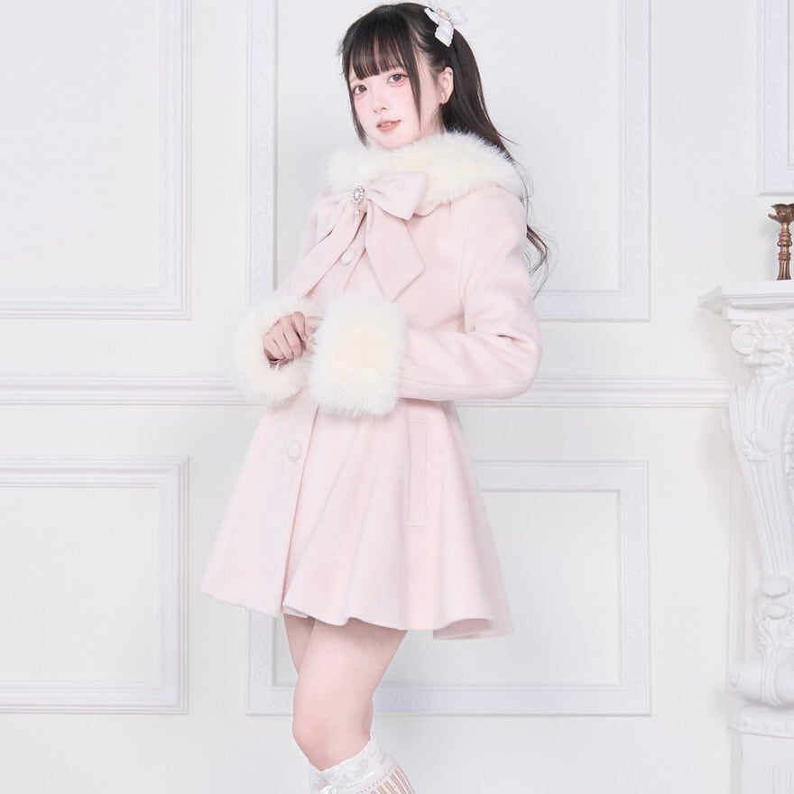 量産型 フェイクファーコート ケープコート風 ネックリボン ビシュ