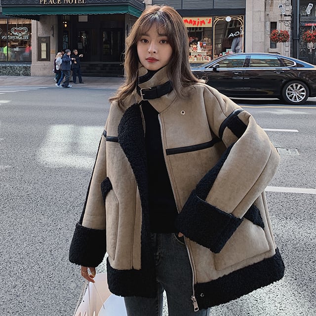 【予約販売】コート レディース 秋冬 バイカラージャケット ボア 裏ボア スエード デザイン パイピング ミドル丈 アウター トップス S,M,L ゆったり ルーズ シンプル 無地 ボリューム