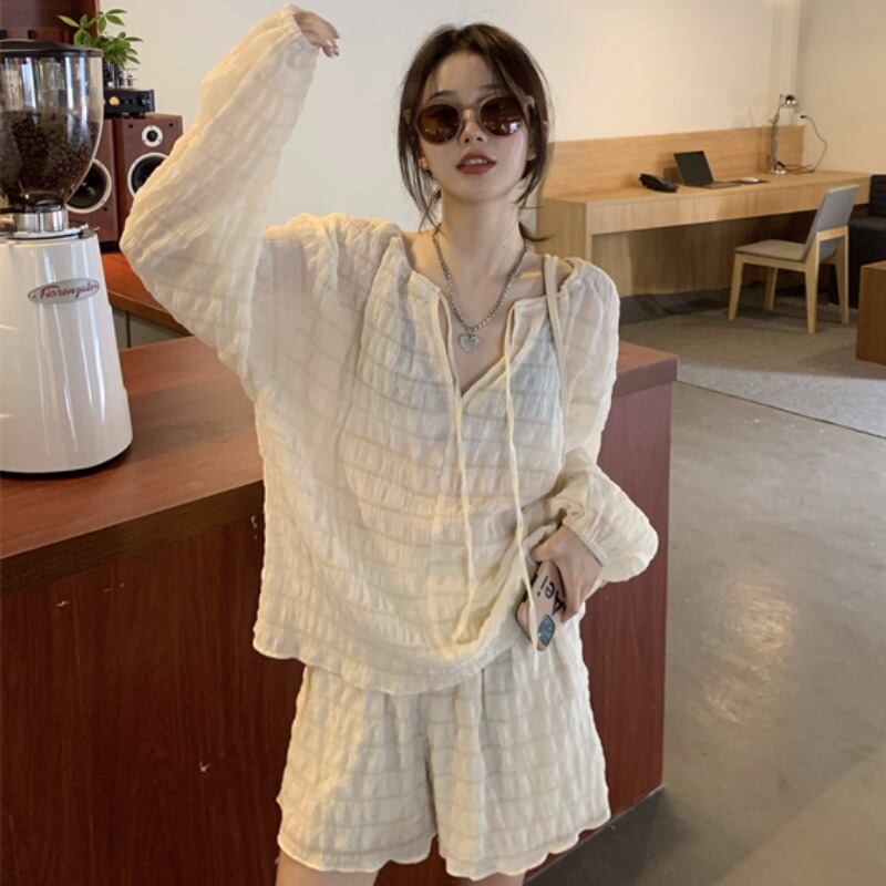 サマー薄手ルーズジャケット ショーツ ベージュシャツ 夏物 ブルマー YY-ファッション7354567432