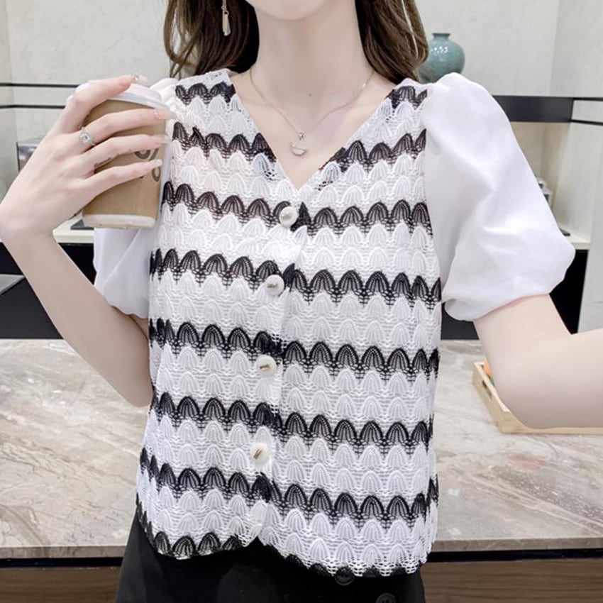 RL449】Puff Sleeve Border Blouse（パフスリーブボーダーブラウス