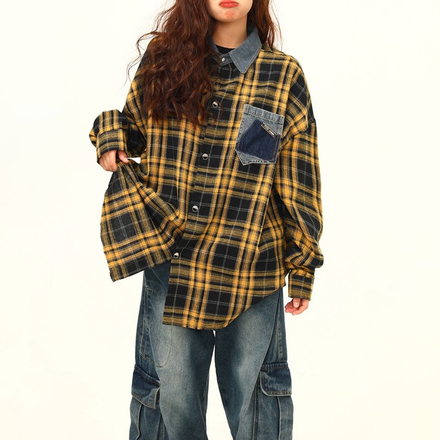 デニムポケットチェックオーバーシャツ 2col   R00794