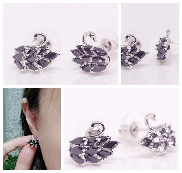 18K RGP プラチナ ダイヤ CZ ブラック スワン ピアス yp4760 | Rainbow