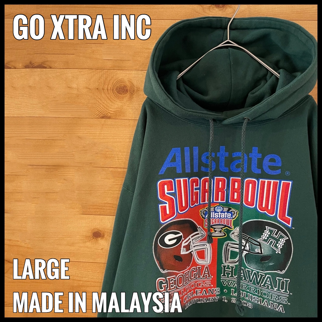 【GO XTRA】2008 Allstate Sugar Bowl シュガーボウル カレッジ 大学 フットボール ジョージア大学 ハワイ大学 プリント パーカー スウェット プルオーバー フーディー L ビッグシルエット ディープグリーン US古着