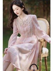 【0113】Round Collar Lace Pink Long Sleeve Dress