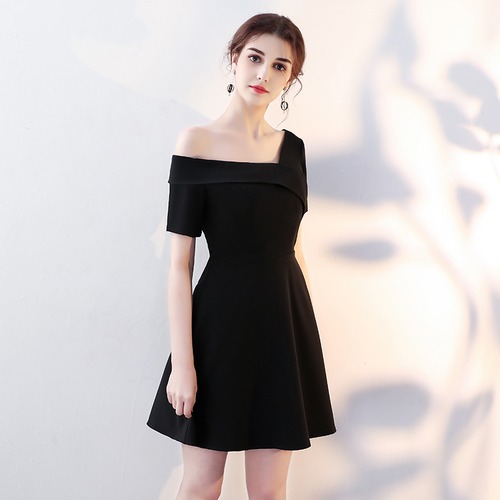 ワンピース ドレス 膝上丈 半袖 オフショルダー アシンメトリー フレア シンプル ワントーン 結婚式 二次会 パーティ お呼ばれ デート 春夏 レディース　BADB0086