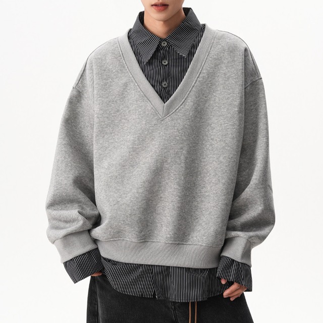 レイヤード　ストライプシャツ　Vネックプルオーバー　2カラー　LB1692