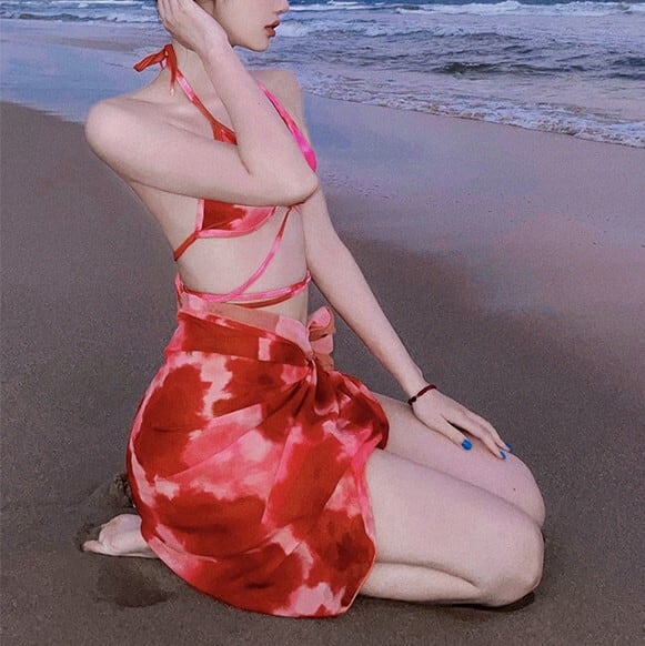 水着 三角ビキニ ホルターネック パレオ レディース タイダイ柄 ピンク