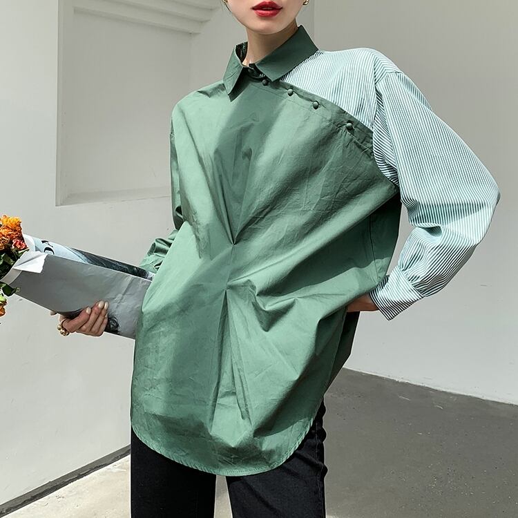 トップス レディース シャツ ブラウス 長袖 襟付き かわいい 大人可愛い きれいめ カジュアル 大人 上品 おしゃれ お洒落 かっこいい 送料無料 ラフ クール エレガント 無地 春 秋 冬 10代 20代 30代 OL 通勤 学生 通学 デート お出かけ 女子会 休日 着回し 普段使い 重ね着 韓国 韓国系 ファッション コーデ スタイル モテ トレンド 流行 デート カフェ巡り インスタ映え S M L XL デザインシャツ アシンメトリー 変形デザイン グリーン ストライプ モード系 シック