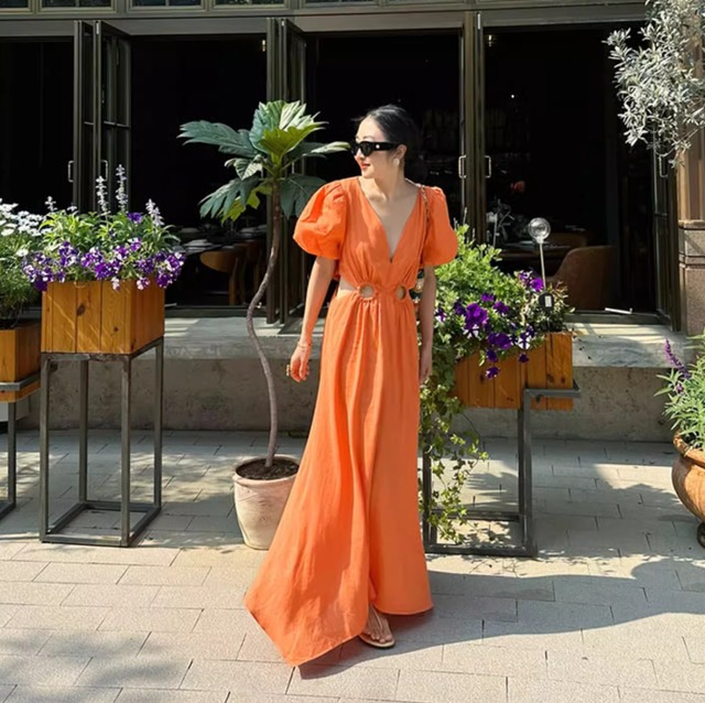 ウエストカットアウト Vネック マキシワンピース タンジェリン OP00283