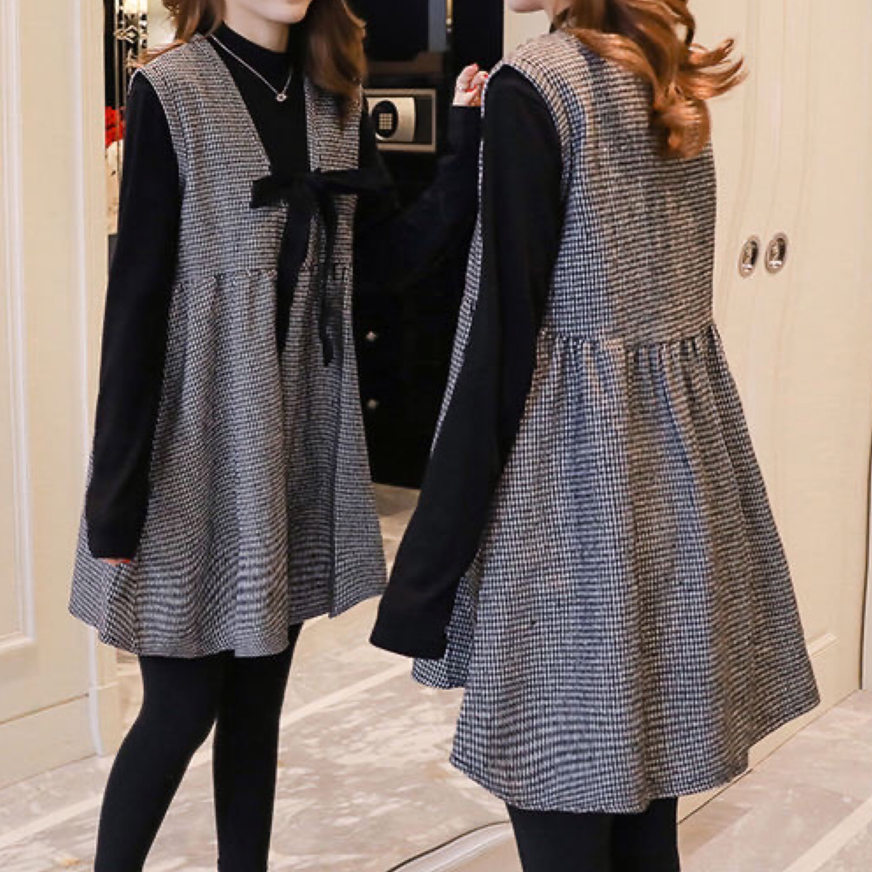 クラシカルガーリー♡ベルベットシャツ+チェックリボンワンピース
