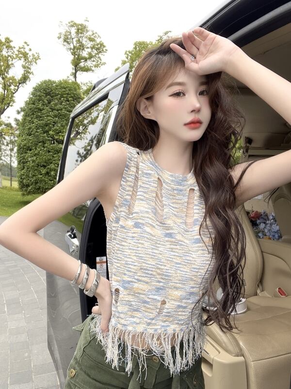 トップス タンクトップ サマーニット セーター ダメージ加工 肌見せ