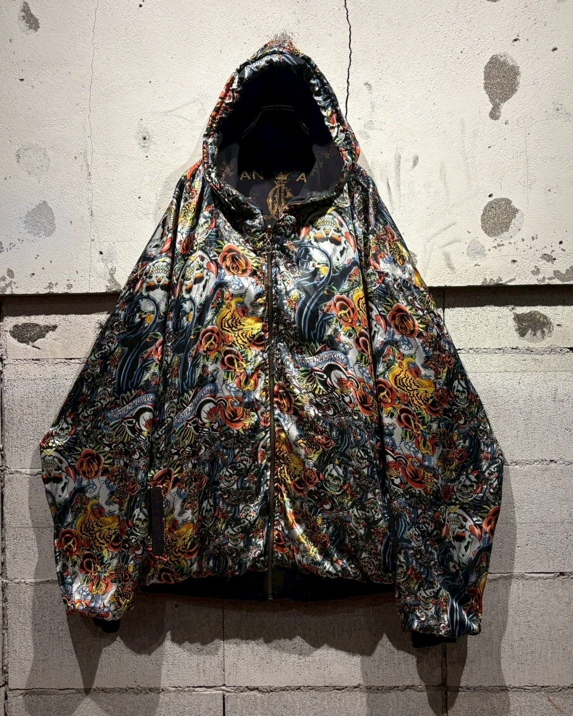 Caka otto】“Christian Audigier” Silk × Sweat Reversible Zip Up