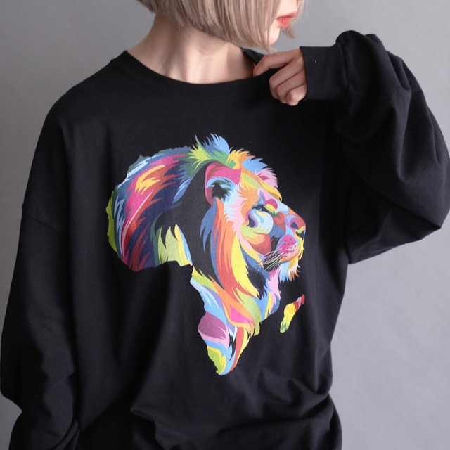 rainbow color lion printed 2XL big l/s tee