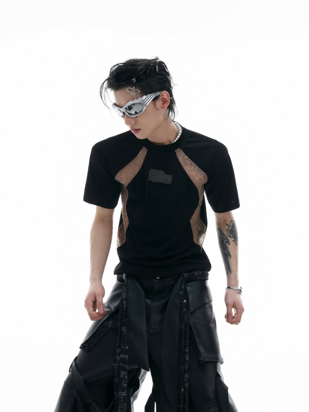 ArguE CulturE フード付き Tシャツ 半袖トップス 切替 男女兼用 Argue Culture スリム Tシャツ 半袖 トップス メッシュ切替