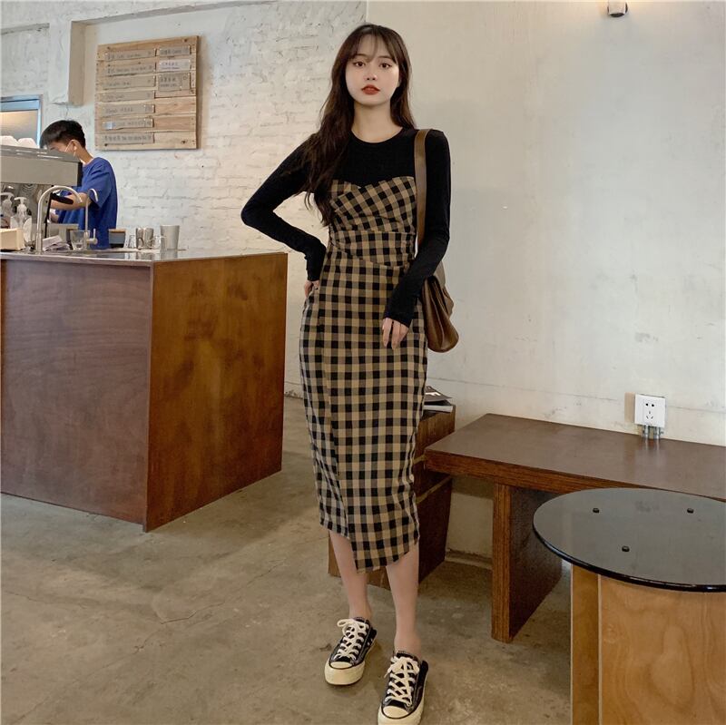 ワンピース レディース ロングワンピース S M L XL 2XL 3XL ブラック チェック柄 フェイクレイヤード 重ね着風 クルーネック 長袖 ミモレ丈 ベンツ スリット タイト 細身 ハイウエスト スタイルアップ 脚長効果 シンプル フェミニン カジュアル キュート 大人可愛い おしゃれ 普段使い イベント デート お出かけ 休日 旅行 ファッション コーデ モテ 着まわし 送料無料 こなれ感 春 秋 冬