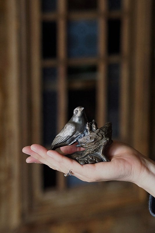 親鳥雛鳥、巣篭もりを-antique pewter bird objet | アンティーク