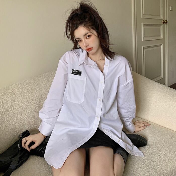 スプリングスタイルスタンダードルーズシャツ レディース ロング レトロ 春物 ドラファッションホール18624465932