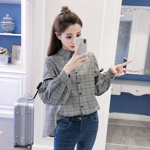 トップス レディース 送料無料 3色 ブラウス シャツ ハイネック 立ち襟 スタンドカラー 長袖 パフスリーブ ボリューム袖 リボン ランタンスリーブ バルーンスリーブ バブルスリーブディープカフス 前開き フロントボタンフレア裾 チェック柄 格子柄 グレー 灰色 カーキ ブラウン 茶色 大人可愛い かわいい キュート きれいめ 大人女子 ガーリー 上品 お洒落 おしゃれ こなれ感 抜け感 ラブリー 春服 秋服 10代 20代 30代 着回し 普段使い 韓国 オルチャン 新作 2021