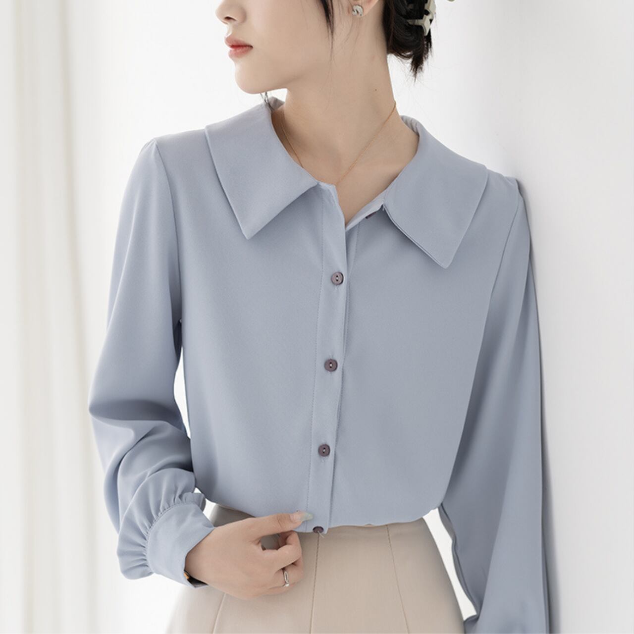 ルーズ ドレープ ブルー シャツ