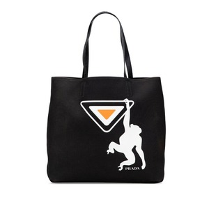 プラダ モンキー トートバッグ ブラック ホワイト オレンジ キャンバス レザー レディース PRADA 【中古】