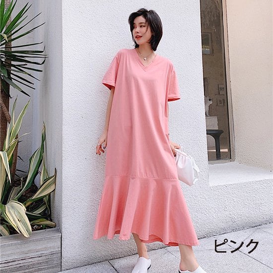 ワンピース 裾フリル Vネック マキシ 半袖 レディース ロング