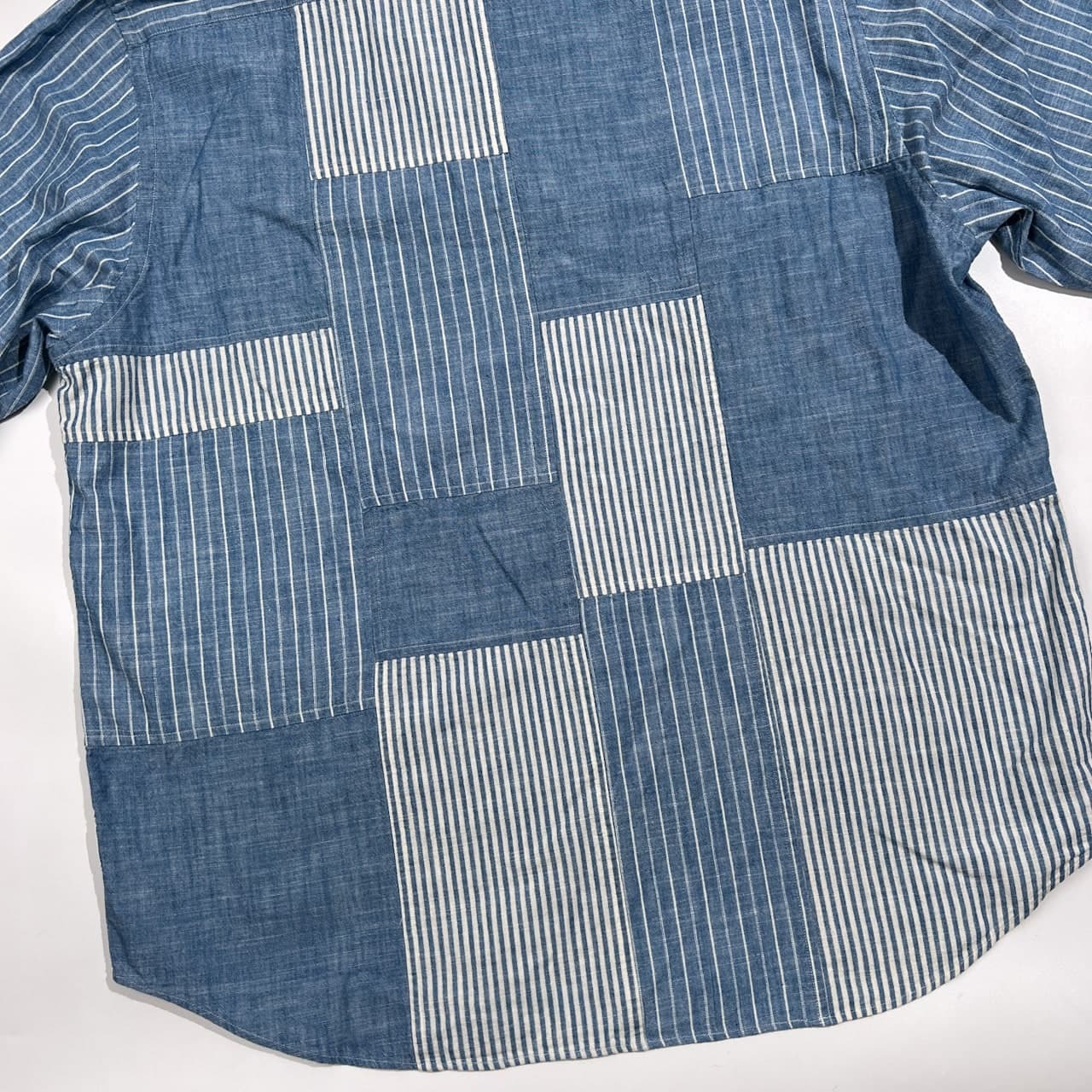 美品 PAPAS PLUS パパス プラス パッチワーク ストライプ シャンブレー BD 長袖シャツ サイズ LL /ブルー系/メンズ/日本製