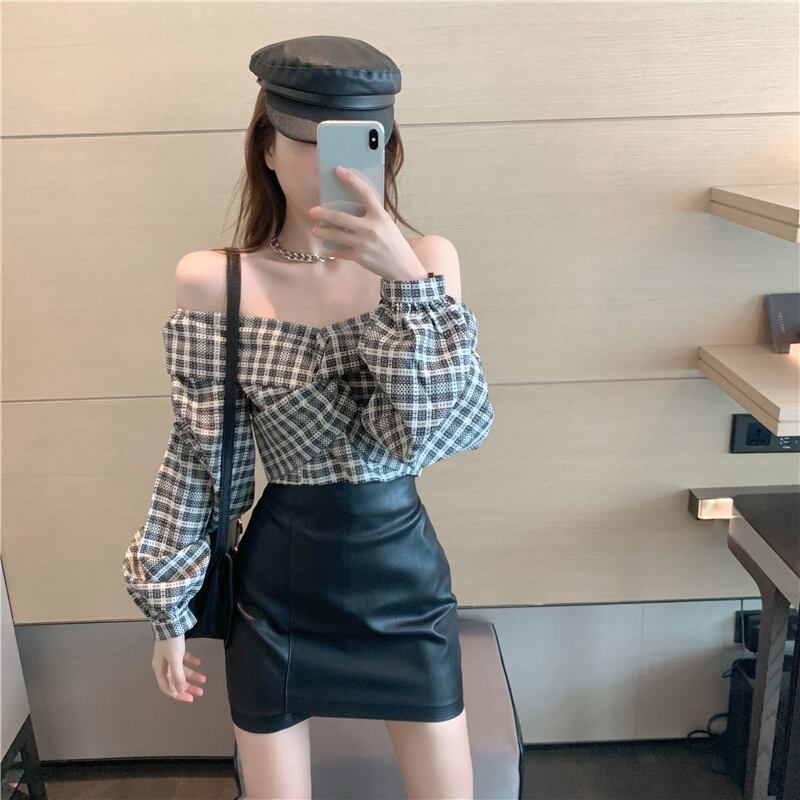 ワンショルダーチェック柄シャツトップハイウエストバッグヒップレザースカートハーフレングススカート女性2020年秋新作スーツツーピース ブラックストロベリース11593648106