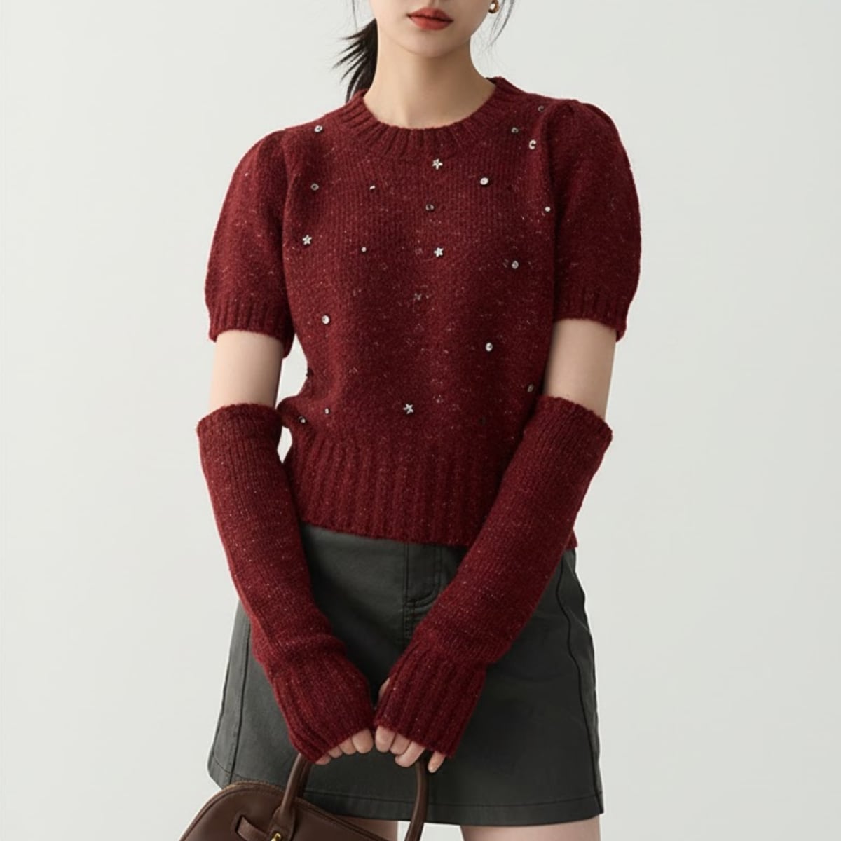 Shiny Short-Sleeve Knit Top & Arm Warmer Set ch0071