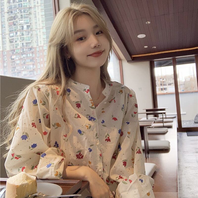 フローラルシャツ スプリングオータムスタンダードトップス ロング レトロ 春物 秋物 花柄 試着室20182974856