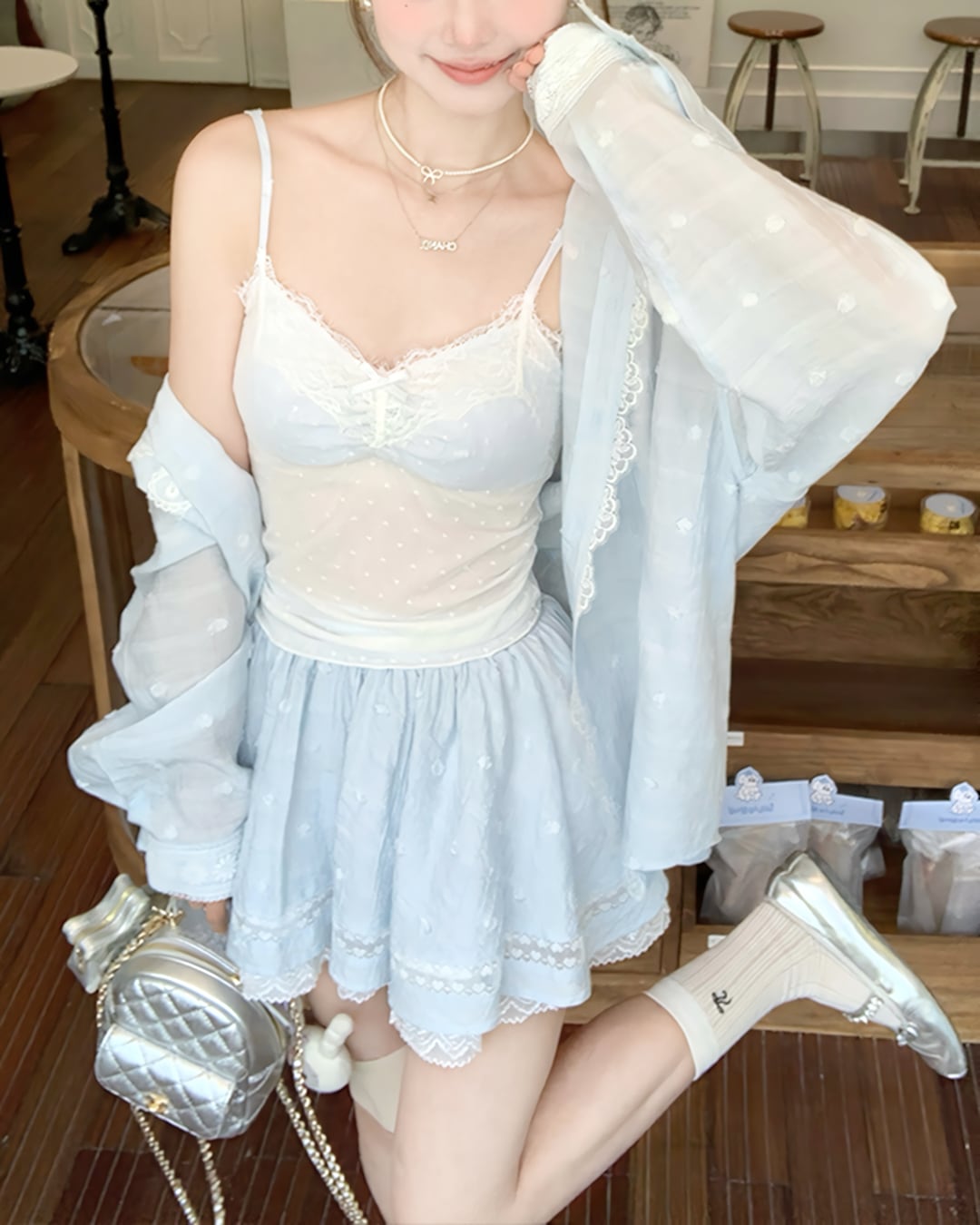 ミストアイスブルーキャミソール&スカートセットアップ 2505081