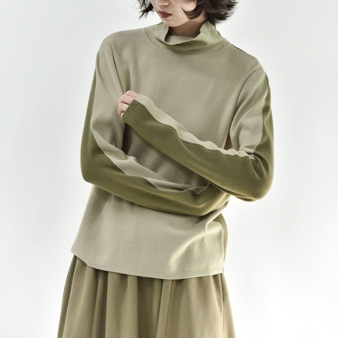 CONTRAST HIGH NECK PULLOVER KNIT TOP 3colors M-16099
