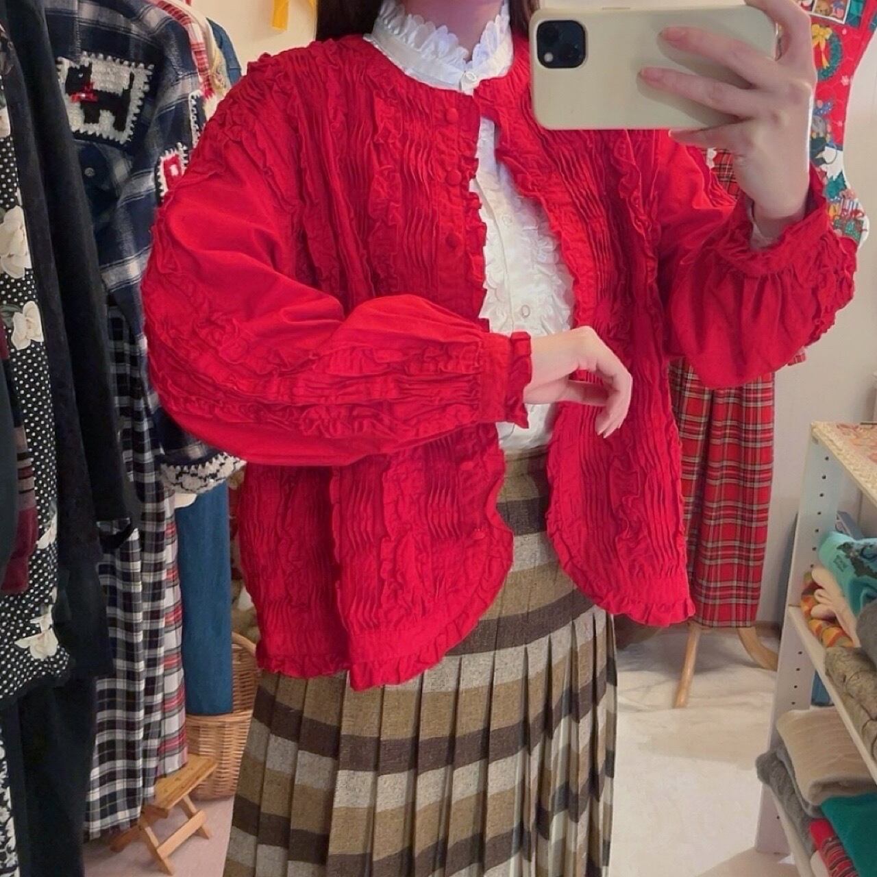 red frill pintuck cotton blouse