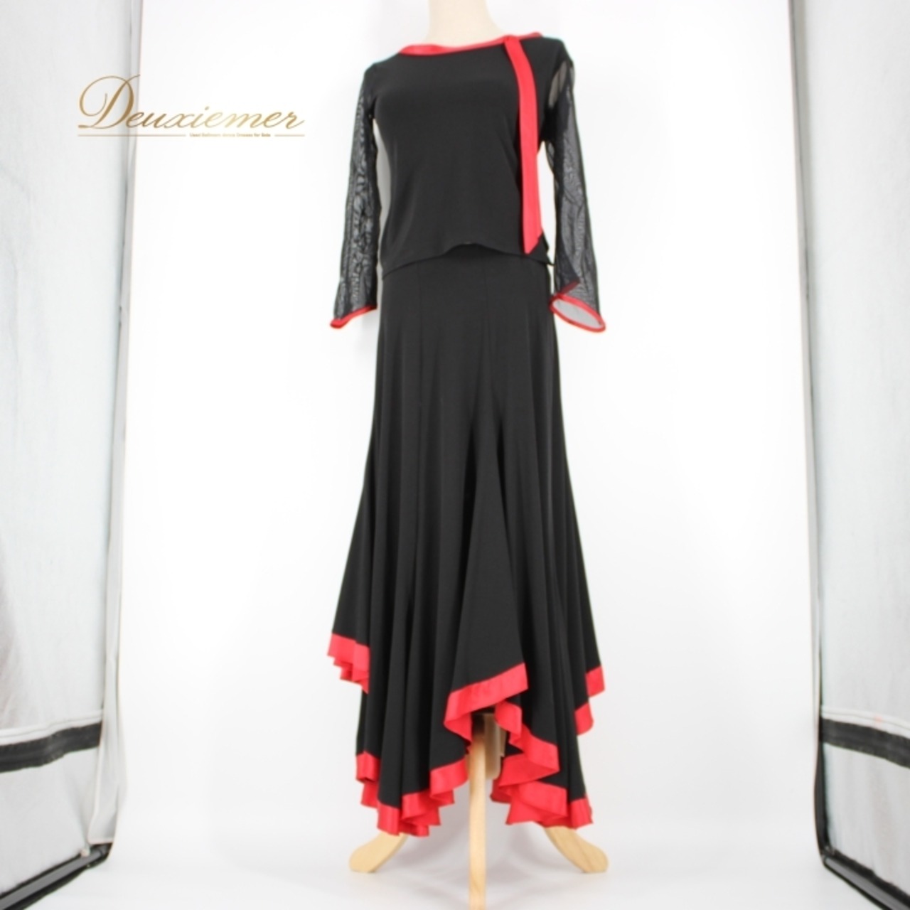 社交ダンス 衣装 スタンダード 上下セット ツーピース パーティ衣装 オールシーズン 黒 赤 Create-Sun クリエイトサン ブラック系 レッド系 大きく広がる裾 伸縮性 ポリエステル ウエストゴム仕様 ツーピースダンス衣装 おしゃれ かわいい ダンスパフォーマンス コスチューム アクティブウェア 女性用 フルスカート パーティーパフォーマンス