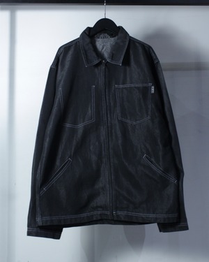 【Caka BLACK】Metallic Black Vintage Loose Zip Up Denim Jacket