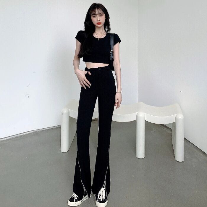 ショートハイウェストブラック薄手 レッド Oネック ドラファッションホール41983227590