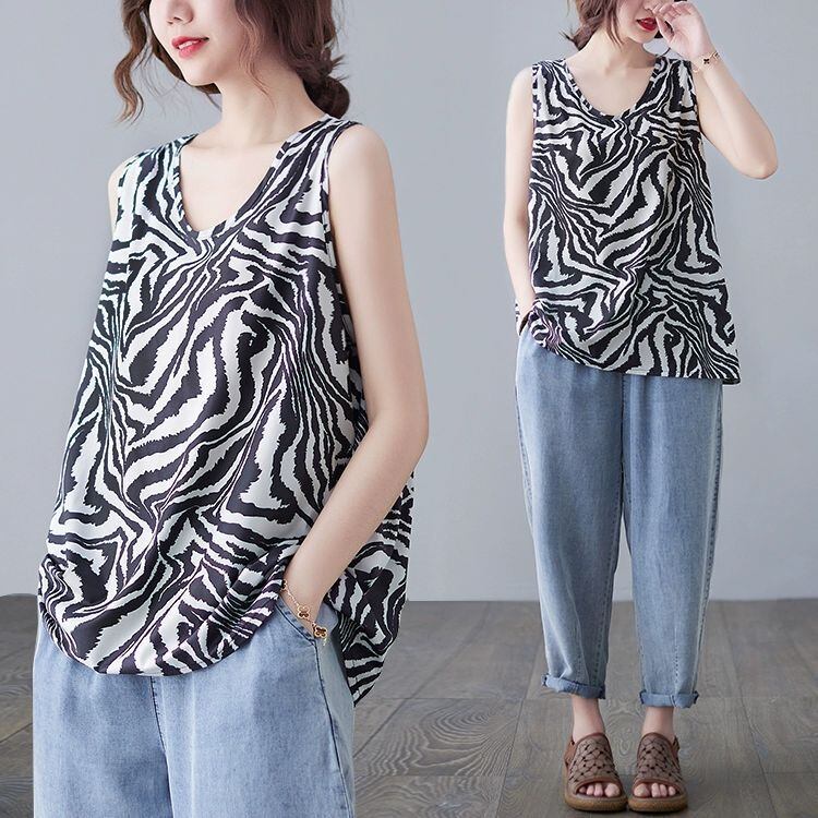 ZEBRA V-NECK SLEEVELESS A-LINE TOP 1color M-13761