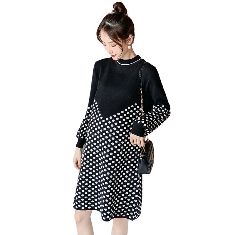 【新作】【送料無料】 マタニティウェア2019秋と冬の新しいファッショナブルなニットドレス、トレンディなマザー水玉スタンドカラーミドル丈マタニティドレス-アリババ オータム 秋物 ウィンター 冬物 expec292776934168