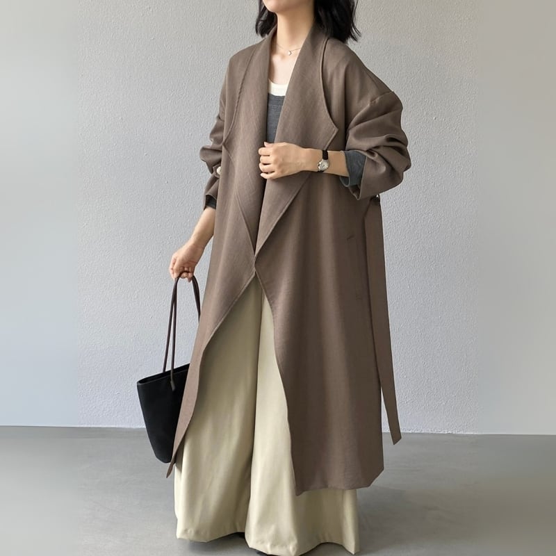 ウエストベルト ドロップショルダー ロングコート ◇2color