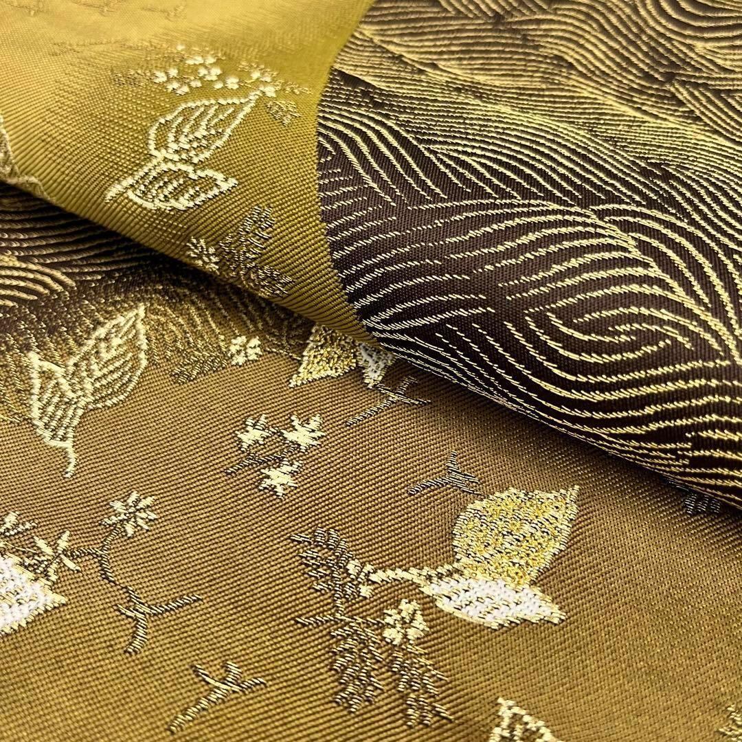 袋帯 波模様に葉っぱ柄 金銀糸 茶色 O-4005 着物 きもの kimono