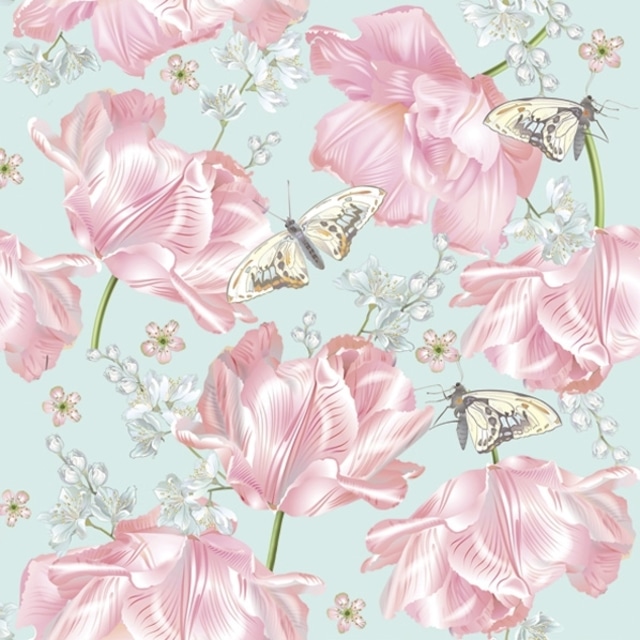 【Daisy】バラ売り2枚 ランチサイズ ペーパーナプキン Pink Tulips with Butterflies ブルー