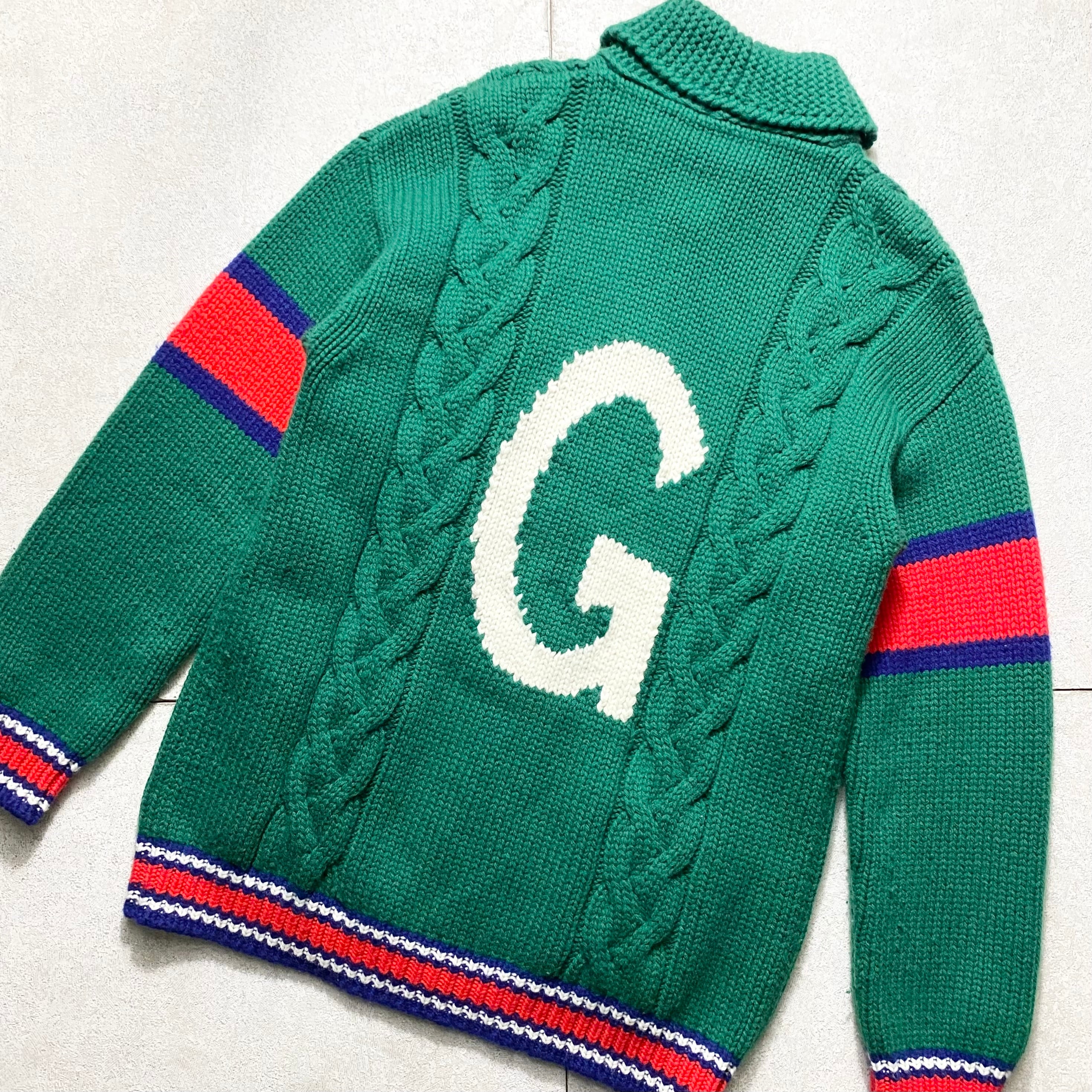 GUCCI shawl collar green cable knit jacket “ABCDEFGUCCI” | NOIR ONLINE