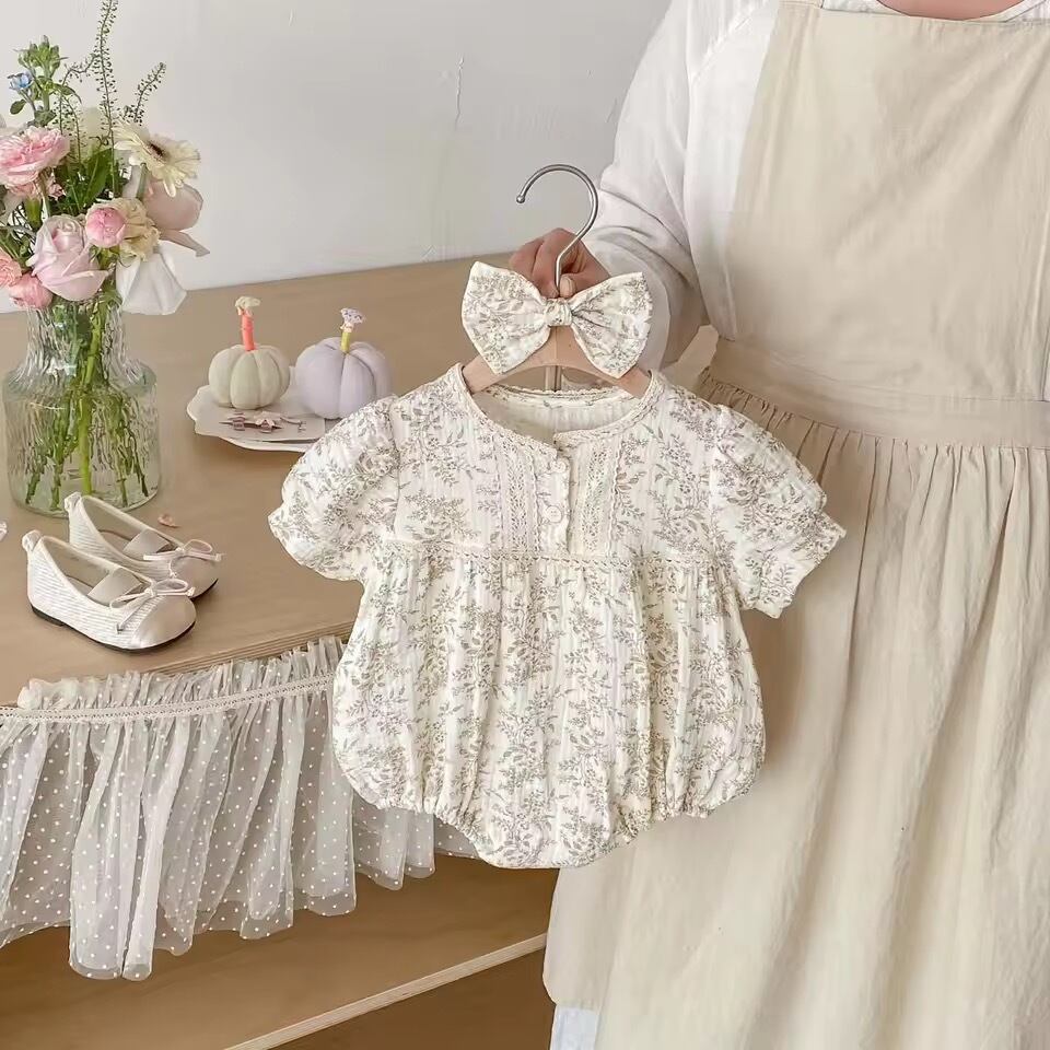 ヘアバンド付きリーフガーゼロンパース