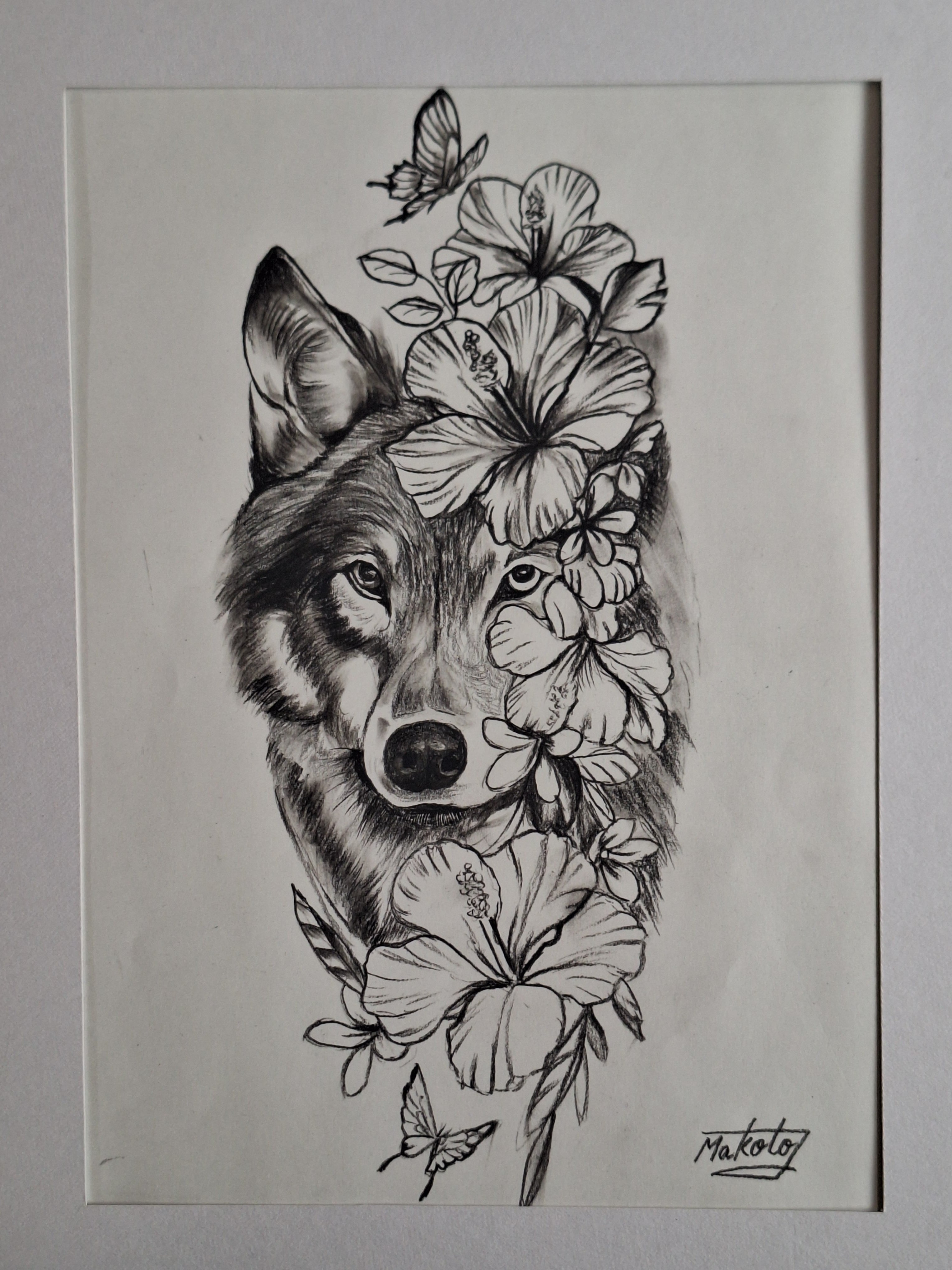 絵画 オオカミ 版画 鉛筆画アート オオカミと花とチョウ
