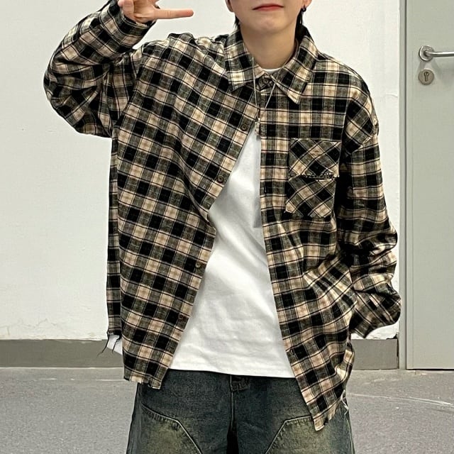 【予約販売】シャツ 長袖 トップス チェック柄 ダメージ加工 切り替え ピンク ブラック バイカラー メンズ こなれ感 カジュアル シンプル モード お洒落 こなれ感 韓国 トレンド 春 夏 秋 M/L/XL/2XL