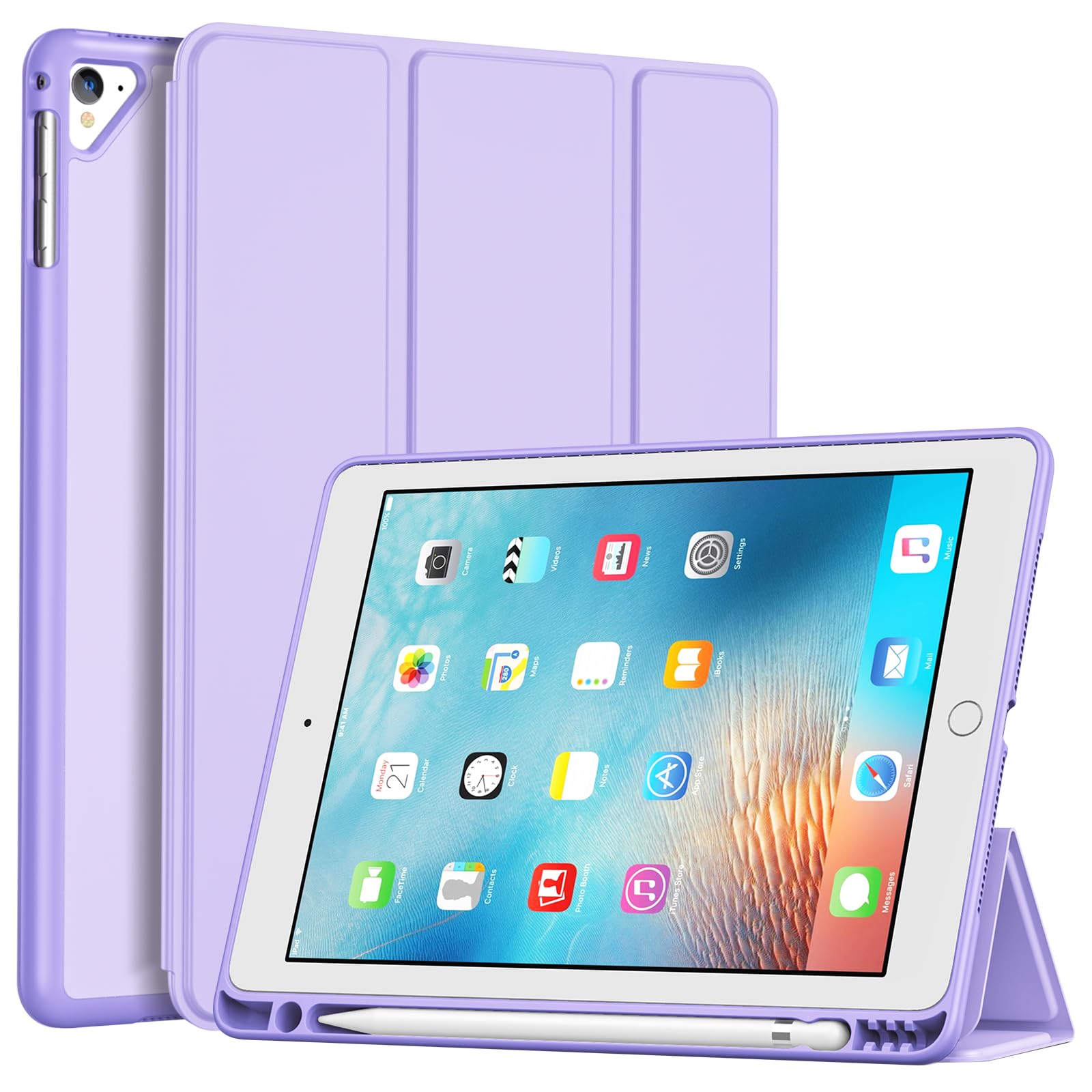 ProCase iPad 第6/5世代 iPad Air 2/1 専用ケース 9.7インチ 衝撃保護 三つ折スタンド Apple Pencil ホルダー 多角度スタンド 自動スリープ -パープル