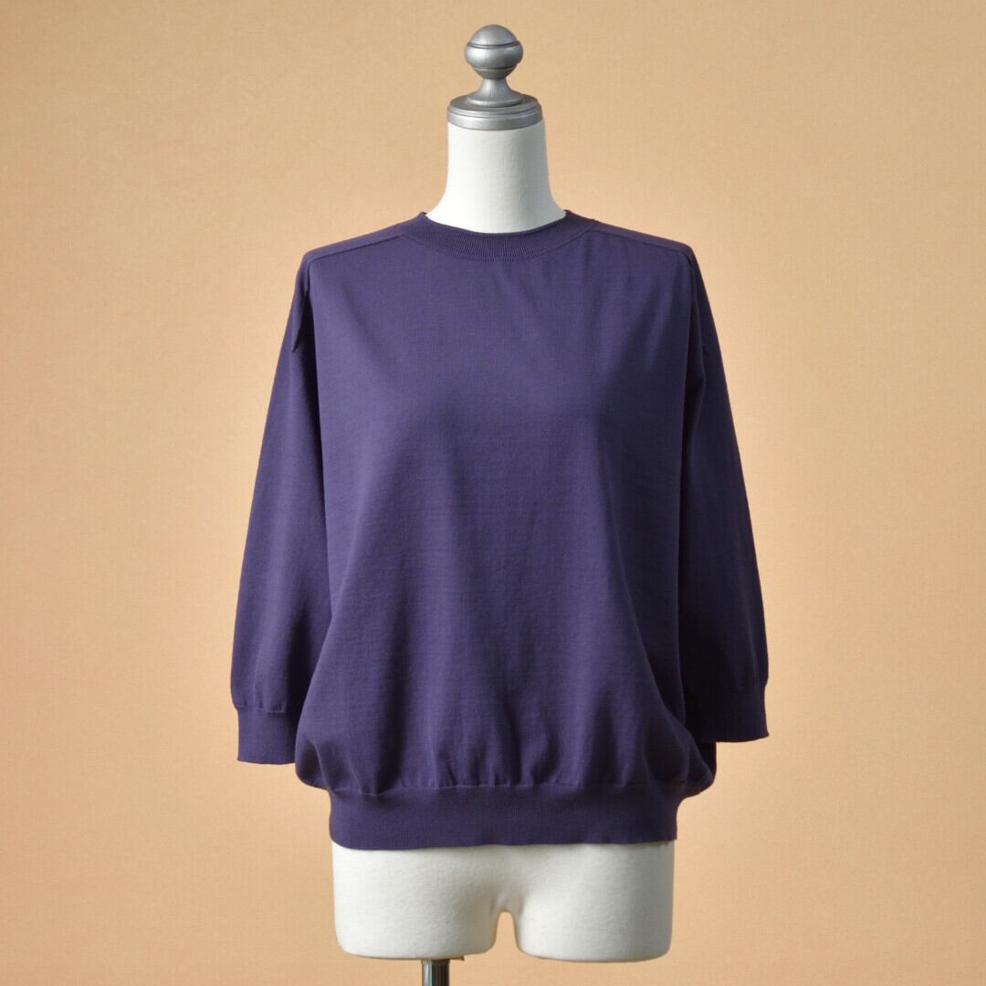 LinenYa リネンや クルーネック7分袖コットンニット・パープル 柔らかく着心地の良いリンキングニットです