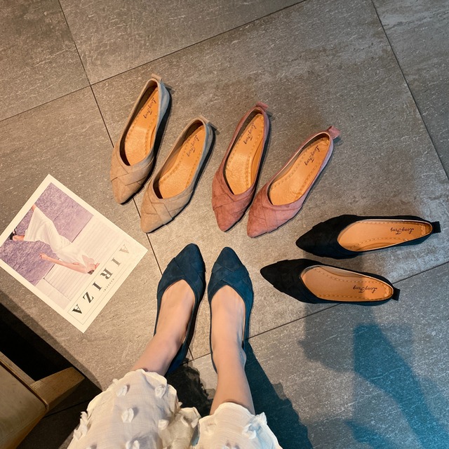 先のとがったつま先フラットシューズ女性2020年春新しいスエードシンプルな作業靴女性の快適な浅い口野生の作業靴 部族の婦人靴3691863