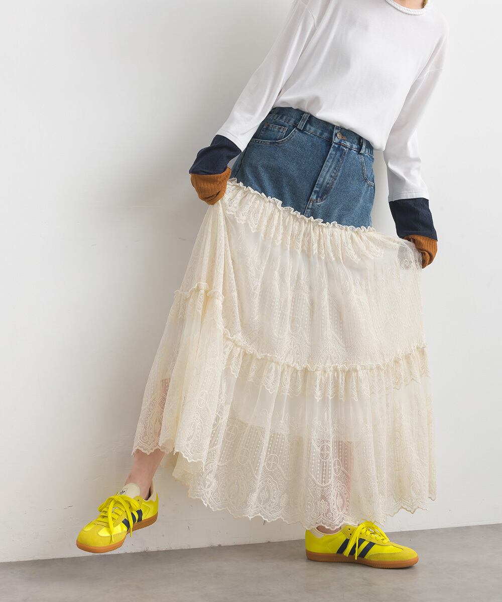 D261137 デニム×レースティアードスカート / Denim × Lace Tiered