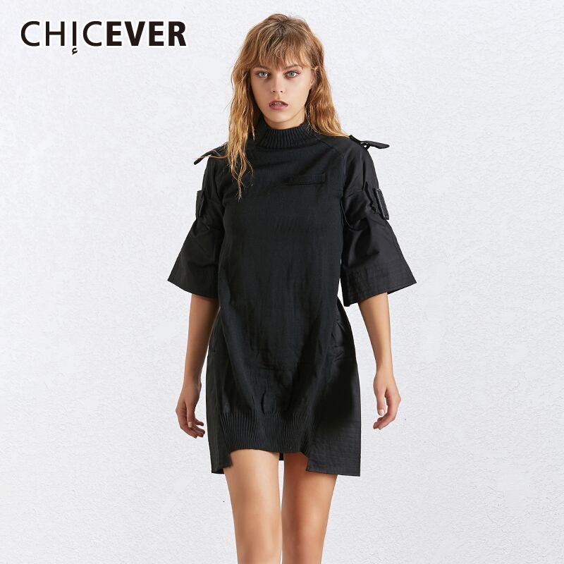 CHICEVERパッチワークブラックドレスレディースOネックショートフレアスリーブレースアップウエストイレギュラーヘムドレス2020 6base597962571010