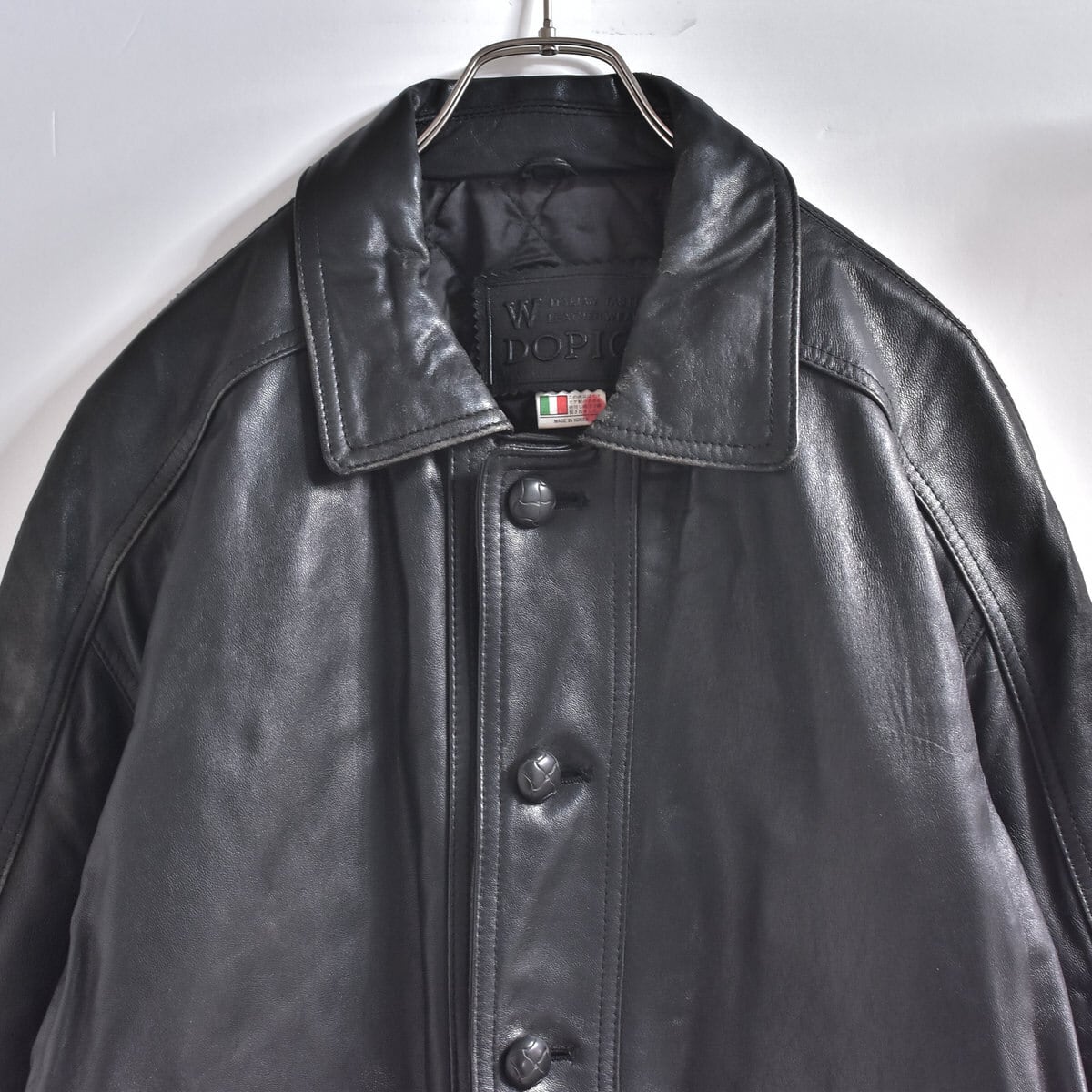 90s W DOPIO イタリアン ブラック ラムレザー ハーフコート 本革 ジャパン ヴィンテージ 革ジャン ビンテージ 羊革 裏地付き メンズLサイズ